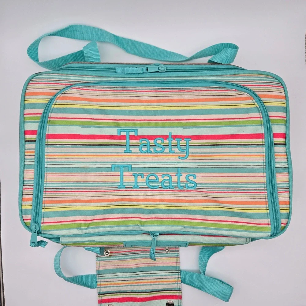 Thirty-One Perfect Party Set Teal Striped Insulated Expandable Picnic Carrier